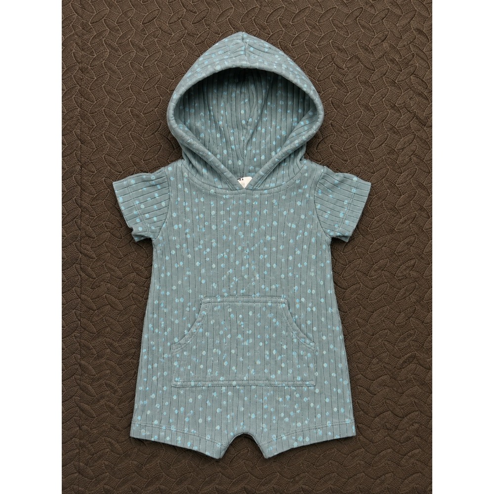 Kate Quinn Baby Ribbed Organic Cotton Hooded Romper Polka Dot Teal Blue 0-3M